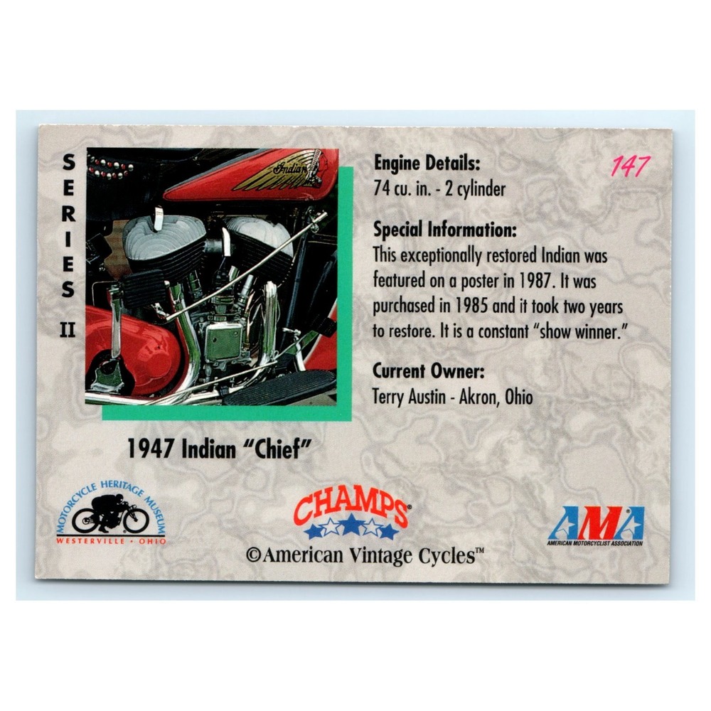 American Vintage Cycles 1947 Indian Chief Card OS Red Black Series II 147 - Picture 2 of 2